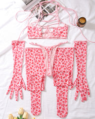 Valentine's Day Pink Heart Leopard Print Bust Cutout Lingerie with Gloves and Stockings Set