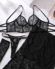 Sheer Floral Lace Body-shaping Sexy Lingerie and Maxi Dress Set with Gloves