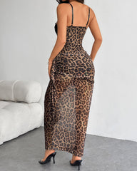Sexy Leopard Print Lace Patchwork Fitted Spaghetti Strap Long Dress