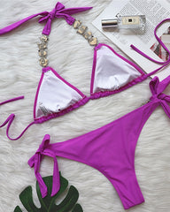 Sexy Solid Color Diamond Chain Embellished Beach Vacation Bikini