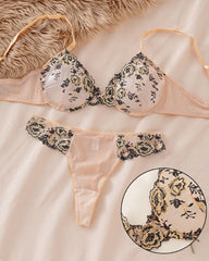 Sexy French-style Ultra-thin Push-up Floral Embroidered Mesh See-through Lingerie Set