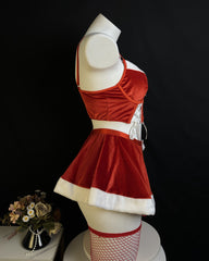 Sexy Christmas Bow-Tie Velvet Uniform With Fishnet Stockings Set