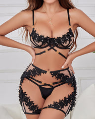 Sexy Mesh Floral Lace See-Through Cutout Lingerie Set