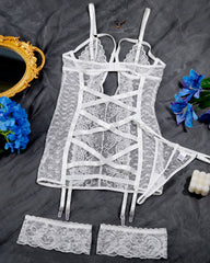 Sexy Openwork Lace Mesh See-through Lingerie Nightgown Set