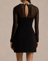 Black Crepe Rhinestone Square Neck Sheer Mesh Long-sleeved Mini Dress