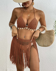 Hand-crocheted Shell-decorated Tassel Skirt and Bikini Top Two-piece Set