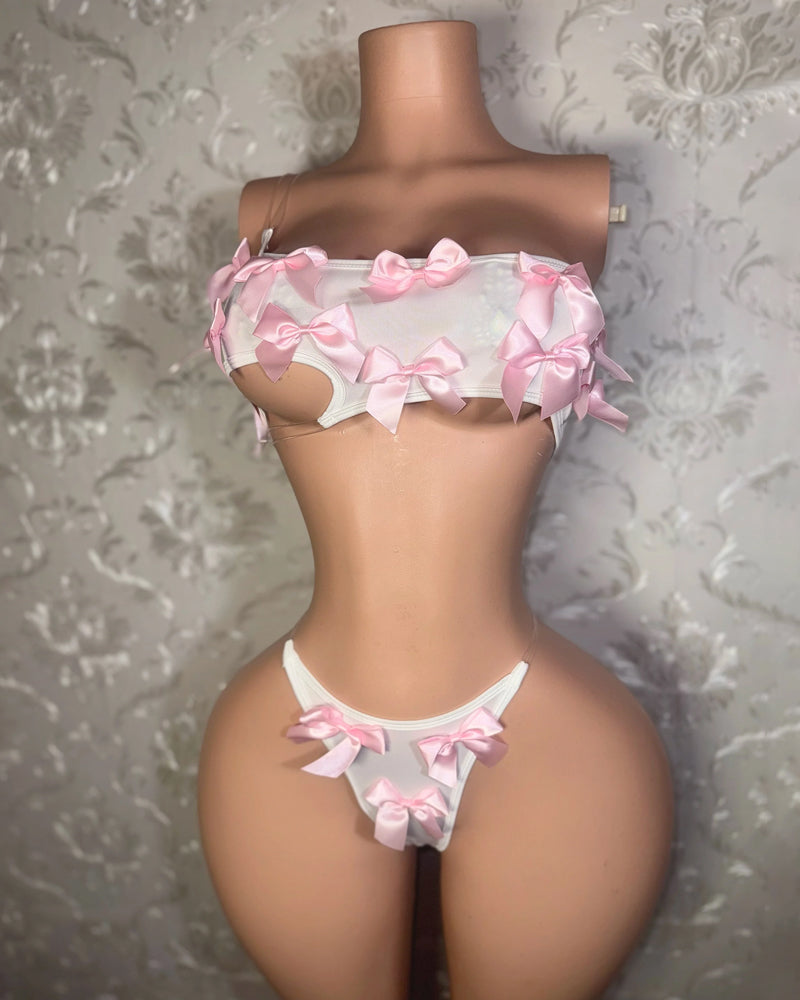 3D Bow-decorated Sexy Strapless Bra and Thong Lingerie Set