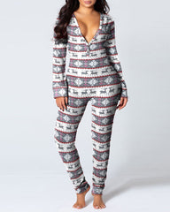 Christmas Deep V-neck Long-sleeved Back Button Closure Jumpsuit PJajama