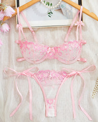 Valentine's Day Sexy Mesh See-Through Floral Embroidery Tie-Bow Lingerie Set