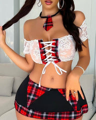 Sexy Lace Plaid Patchwork Colorblock Role-playing Lingerie Set