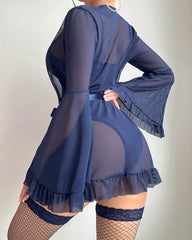 Sexy Lace Slip Dress Mesh See-through Tie-up Robe Loungewear Set