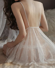 Sexy Deep V Mesh See-Through Pearl Open Crotch Lingerie Set