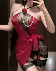 Sexy Halter Neck Lace See-through Mesh Patchwork Lingerie Nightgown Set