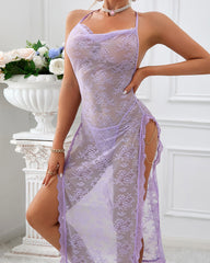 Sexy Halter Neck Lace Sheer Mesh High Slit Chain-embellished Long Nightgown