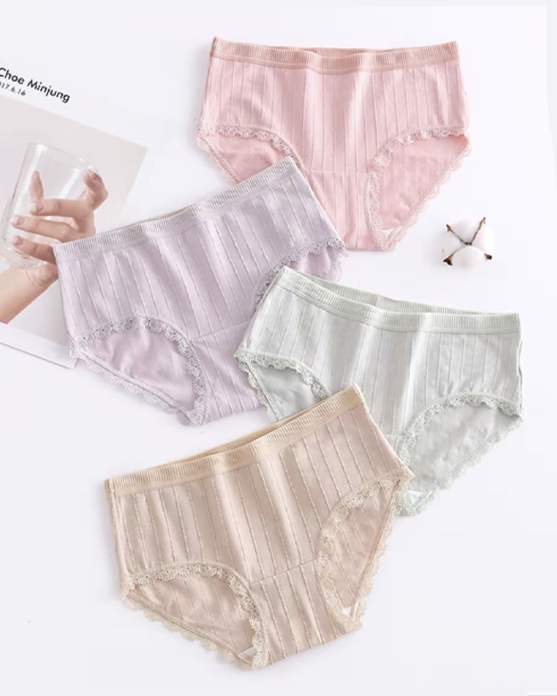 Multi-Pack Women's Mid-Waist Lace Striped Heart Antibacterial Cotton Panties
