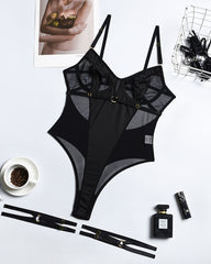 Mesh Splicing Open Back Sexy Lace-Up Suspender Bodysuit