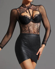 Sexy Lace See-through Mesh Long-sleeved Bodysuit
