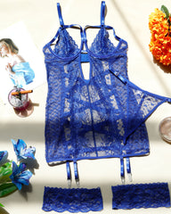 Sexy Openwork Lace Mesh See-through Lingerie Nightgown Set