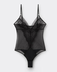 Black Floral Lace Mesh See-through Deep V Sexy Bodysuit