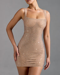 Square Neck Rhinestone Sexy Slim Stretch Dress