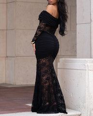 Sexy Lace Off-shoulder Fitted Long-sleeved Fishtail Maxi Dress