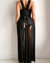 Sexy Deep V-neck High Slit Lace See-through Long Nightgown