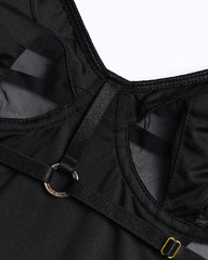 Mesh Splicing Open Back Sexy Lace-Up Suspender Bodysuit