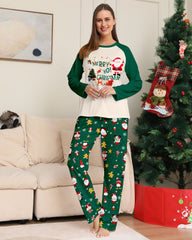 Green Santa Claus Print Crew Neck Home Wear Pajamas Family Set