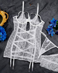 Sexy Openwork Lace Mesh See-through Lingerie Nightgown Set