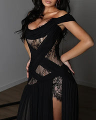 Off-Shoulder Lace Corset Chiffon Thigh Slit Maxi Dress