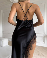 Sexy Silk Lace Long Slip High Side Slit Nightgown