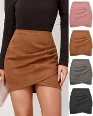 Suede Pleated Irregular Zipper Bodycon Mini Skirt