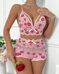 Valentine's Day Heart-Embroidered Lips Lace See-Through Lingerie Set