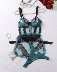 Sexy Colorblock Lace See-through Mesh Hollow-out Backless Underwire Lingerie Set