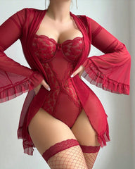 Sexy Lace Slip Dress Mesh See-through Tie-up Robe Loungewear Set