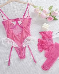 Sexy Colorblock Floral Lace See-through Bodysuit with Stockings Set