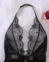 Deep V Halter Neck See-through Lace Sexy Bodysuit Lingerie
