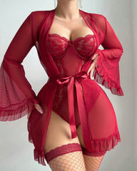 Sexy Lace Slip Dress Mesh See-through Tie-up Robe Loungewear Set