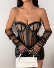 Polka Dot Lace Fishbone Underwire Lace-up See-through Sexy Strapless Top