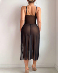 Sexy Lace Mesh Sheer High-slit Waist-shaping Long Nightgown