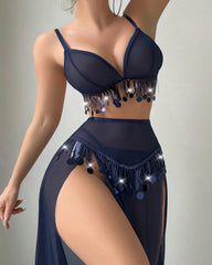 Tassel-decorated Deep V-neck Bra and High-slit Long Skirt Lingerie Set