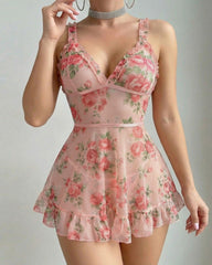 Deep V-neck Floral Print Sheer Mesh Ruffle Camisole Nightgown