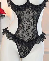 Sexy Halter Neck Floral Lace See-through Cutout Bust Bodysuit Lingerie