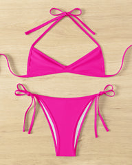 Sexy Solid Color Halter Neck Mini Pleated Beach Bikini