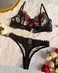 Sexy Floral Embroidered Lace See-through Mesh Underwire Lingerie Set