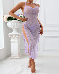 Sexy Halter Neck Lace Sheer Mesh High Slit Chain-embellished Long Nightgown