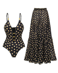 Beach Vacation Polka Dot Colorblock One-piece Swimsuit and Long Skirt