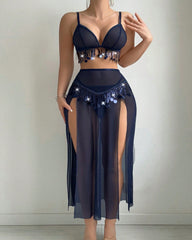 Tassel-decorated Deep V-neck Bra and High-slit Long Skirt Lingerie Set