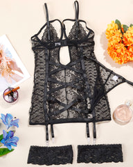Sexy Openwork Lace Mesh See-through Lingerie Nightgown Set