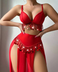 Tassel-decorated Deep V-neck Bra and High-slit Long Skirt Lingerie Set